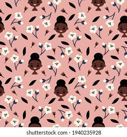 whimsical seamless pattern of black woman and flower