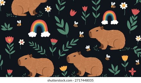 Padrão impecável sem emenda com capibaras e abelhas melíferas zunindo entre flores coloridas e arco-íris em um fundo escuro.