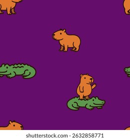 Whimsical seamless pattern of capybaras and crocodiles under night sky. Purple background adds mystery to this unusual animal duo.