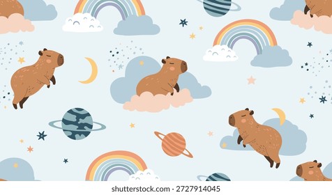 Um fantástico padrão contínuo de capibaras flutuando no espaço sideral entre planetas, arco-íris e estrelas em um desenho de fundo cósmico azul claro.