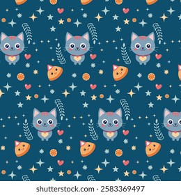 Whimsical Seamless Pattern with Cartoon Cats, Candy Corn, Hearts, and Stars