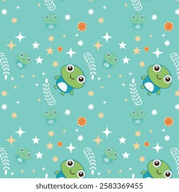 Whimsical Seamless Pattern with Cartoon Frogs, Stars, Flowers, and Leaves