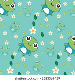 Whimsical Seamless Pattern with Cartoon Frogs, Flowers, and Leaves