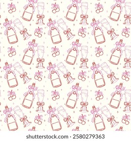 Whimsical Seamless Pattern Champagne Bottle and Flute Glass with Bow Hand Drawn Retro Isolated on Background