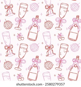 Whimsical Seamless Pattern Champagne Glasses with Bow Hand Drawn Retro Isolated on Background