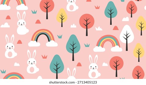Whimsical seamless pattern for children, featuring adorable white rabbits, colorful trees, fluffy clouds, and vibrant rainbows on a cheerful pink background.