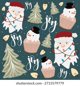 Whimsical seamless pattern with Christmas ghost Santas, snowman cupcakes, hand-drawn trees, light bulbs, and the word "joy" on a dark background. Fun and festive holiday design