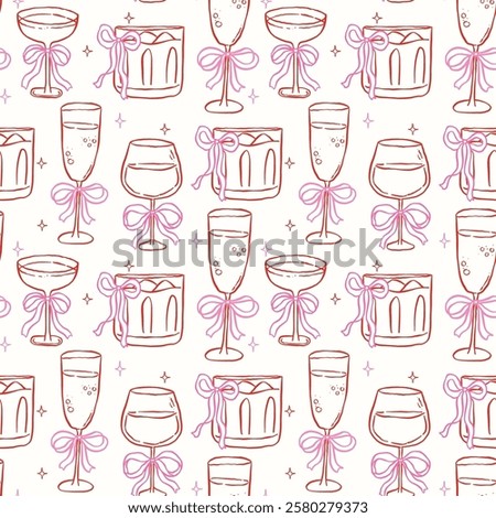 Whimsical Seamless Pattern Cocktail drink Glasses with Bow Hand Drawn Retro Isolated on Background