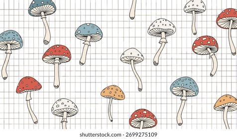 Whimsical seamless pattern of colorful, retro-style mushrooms, including amanita, on a white graph paper background.