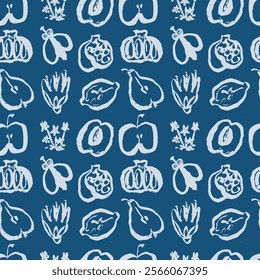 A whimsical seamless pattern combining wildflowers and fruit like lemons and pomegranates on blue background. The freehand ink drawings evoke a playful and unpretentious artistic vibe.