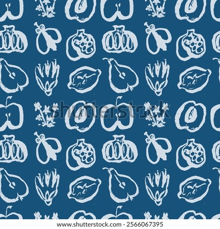 A whimsical seamless pattern combining wildflowers and fruit like lemons and pomegranates on blue background. The freehand ink drawings evoke a playful and unpretentious artistic vibe.