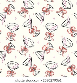 Whimsical Seamless Pattern Coquette Martini Glass with Bow and Olive Hand Drawn Retro Isolated on Background