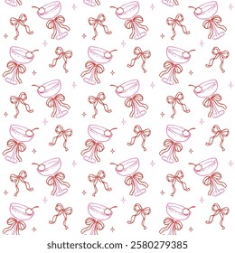 Whimsical Seamless Pattern Coquette Martini Glass Cherry with Bow Hand Drawn Retro Isolated on Background