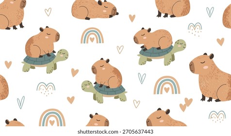 Fantástico padrão sem emenda com capibaras bonitos montando em tartarugas cercadas por boho arco-íris e corações em fundo branco.