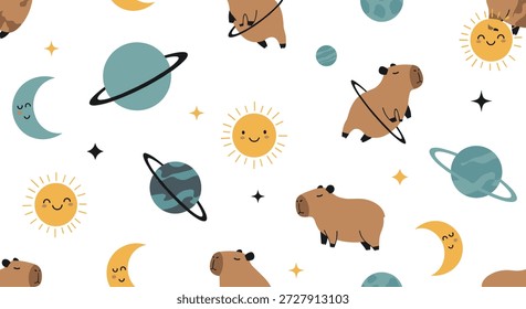Ein skurriles, nahtloses Muster aus niedlichen Capybaras im Weltraum zwischen lächelnden Sonnen, Halbmonden und bunten Planeten auf weißem Hintergrund.