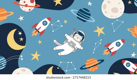 Ein skurriles, nahtloses Muster mit einem süßen Katzenastronauten, der im Weltraum zwischen Planeten, Raketen und Sternen auf blauem Hintergrund schwebt.