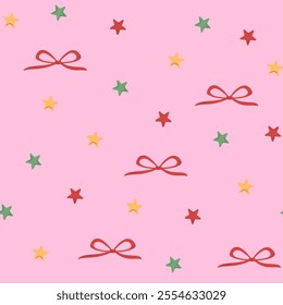 Whimsical seamless pattern with cute imperfect bows and colorful little stars on a pink background. Festive wallpaper for holiday-themed projects, wrapping, packaging, scrapbooking, etc.