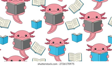 Whimsical sem emenda padrão de personagens bonitos axolotl rosa lendo vários livros coloridos contra um fundo branco limpo e simples.