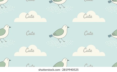 Whimsical seamless pattern of cute seagulls walking among soft clouds and dotted ground on light blue.