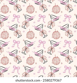 Whimsical Seamless Pattern Disco Ball and Martini Glass with Bow Hand Drawn Retro Isolated on Background