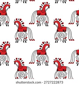 Fantástico sem emenda padrão doodle folk vermelho Mezen cavalo decorativo padronizado folclore animal para desenho, charmoso moderno abstrato boho adorável desenhado à mão rústico rural estilo infantil groovy cartoon