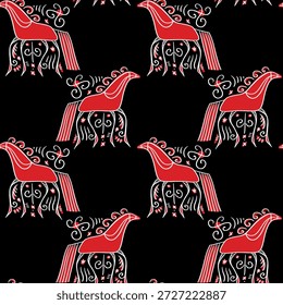 Fantástico sem emenda padrão doodle folk vermelho Mezen cavalo decorativo padronizado folclore animal para desenho, charmoso moderno abstrato boho adorável desenhado à mão rústico rural estilo infantil groovy cartoon