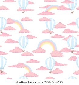 A whimsical seamless pattern features light blue striped hot air balloons floating among soft pink watercolor clouds and pastel rainbows against a white background.