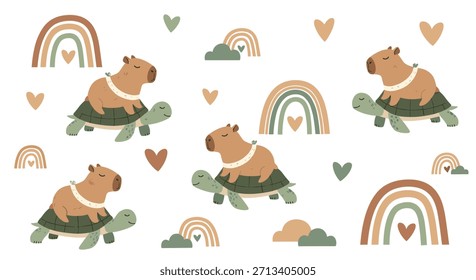 Whimsical seamless pattern featuring adorable capybaras riding on friendly turtles, surrounded by rainbows, clouds, and hearts.