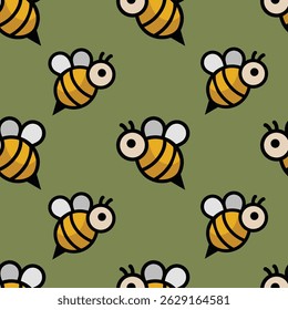 Whimsical seamless pattern featuring bright yellow bees with translucent wings flying against an olive green background. Perfect for eco-conscious branding, outdoor-themed designs, children’s apparel