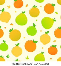 A whimsical seamless pattern featuring citrus fruits like lemons, oranges, and limes on a cream background.