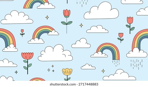 Ein wunderschönes, nahtloses Muster mit bunten Regenbögen mit flauschigen weißen Wolken und stilisierten Tulpen am hellblauen Himmel.