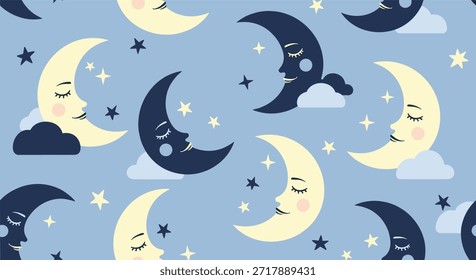 Whimsical seamless pattern featuring crescent moons with sleeping faces clouds and bright stars on a serene night sky blue background.