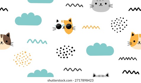 Whimsical seamless pattern featuring diverse cat faces with sunglasses clouds and polka dot clusters for adorable kids room decor.
