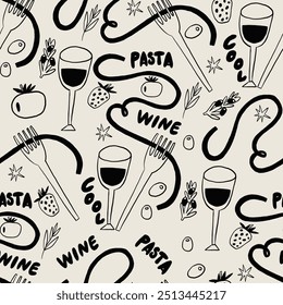 A whimsical seamless pattern featuring elements of wine, pasta, fork, tomatoes, and herbs, creating a gourmet food and drink theme. Perfect for culinary designs and artistic backgrounds