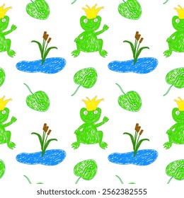 Whimsical seamless pattern featuring green frogs with crowns, ponds, cattails, and lilypads in a playful hand-drawn style, ideal for kids designs and nature-themed projects.