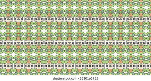 Whimsical seamless pattern featuring green boar faces, clovers, and earthy elements.