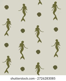 Whimsical seamless pattern featuring green mermaid silhouettes and delicate seashells on a soft, light background, perfect for nautical, fantasy, and children’s designs.