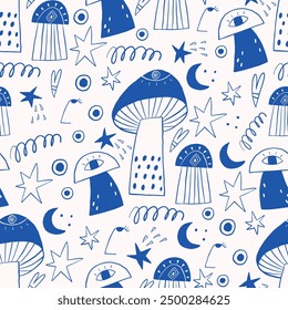 Whimsical seamless pattern featuring hand-drawn mushrooms, stars, crescents, and abstract elements in blue on a white background