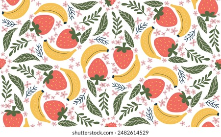 Whimsical seamless pattern featuring illustrations of bananas, red strawberries, pink flowers, and green leaves, arranged in a diamond-shaped design. Modern, organic vector style with flat colors
