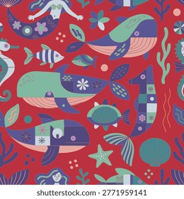 A whimsical seamless pattern featuring mermaids, whales, and sea creatures in a folk-art style. Perfect for kids' textiles, wallpaper, and stationery.