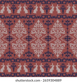 A whimsical seamless pattern featuring ornate damask florals and sitting rabbits with paisley details.