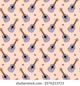 Whimsical seamless pattern featuring purple acoustic guitars with smiley face decals, flowers, and hearts on a soft peach background