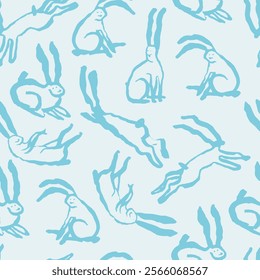 A whimsical seamless pattern featuring rabbits in hand-drawn poses. The freehand ink drawings emphasize simplicity and playful creativity.