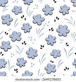 A whimsical seamless pattern featuring scattered hand-drawn purple flowers with green stems on a rich purple background. Ideal for textile designs, stationery, and vibrant creative projects.