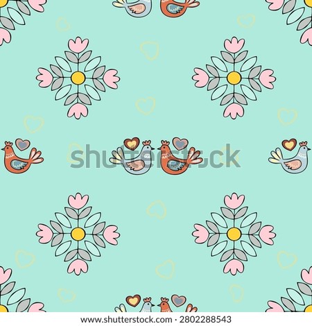 A whimsical seamless pattern featuring stylized doves, blooming flowers, and subtle heart motifs on a soft, mint-green background, exuding charm and affection.