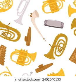 Whimsical Seamless Pattern Featuring Vibrant Wind Instruments In Playful Arrangement, Creating Lively And Musical Design Perfect For Any Music Enthusiast Or Festive Occasion. Cartoon Vector Background