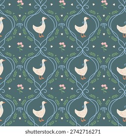 Whimsical seamless pattern with flat illustrations of a white funny goose, flowers, blue ribbons and bows. Vintage cozy hand drawn wallpaper design