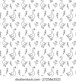 Whimsical seamless pattern with goose and wildflowers. Line art hand drawn minimalistic illustrations.