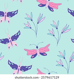 Whimsical seamless pattern with hand-drawn butterflies and doodle florals in blue and pink shades