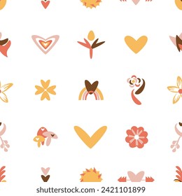 Whimsical seamless pattern with hearts, rainbows, mushrooms, flowers, sun, and flourishes in yellow, brown, pink, and orange on a white background. Vector illustration for backdrop or background.